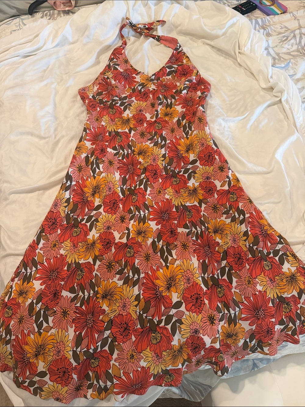 LOFT Floral Halter Midi Dress in Orange, Yellow & Pink